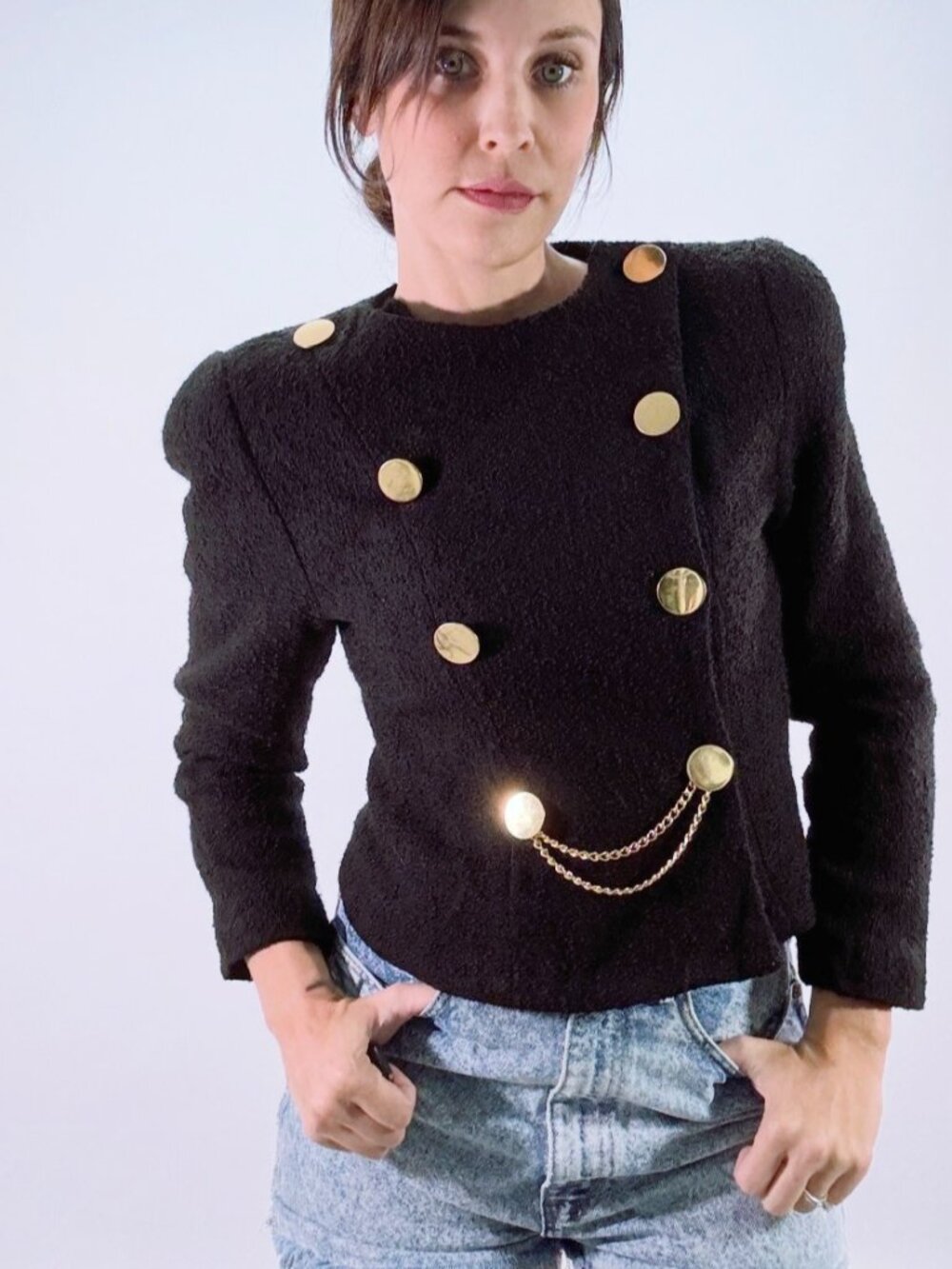 1970s Vintage Blazer 2, Black Wool Boucle Yarn, Gold Metal Button Band Jacket
